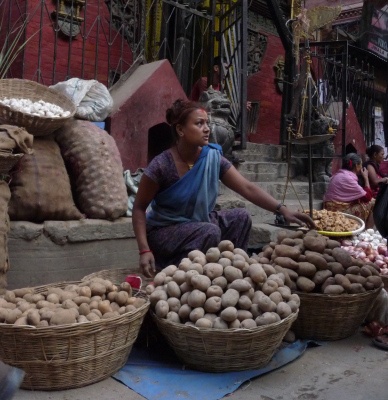woman selling potatoes in large baskets on the street in India; photo by Saben and Lin