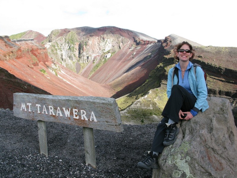 Nora Dunn, The Professional Hobo, at the crater rim of Mt Tarawera volcano in New Zealand