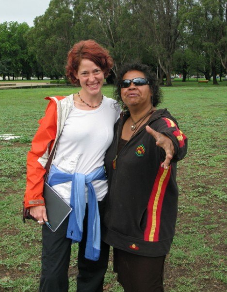 Hanging out with Sheralee at the Australian Aboriginal Tent Embassy in Canberra Australia