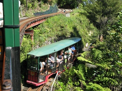 spotting the other train car on the track at Driving Creek Railway 
