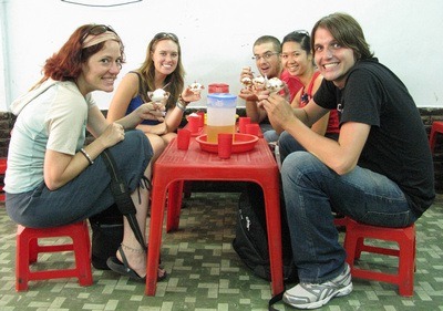 enjoying ice cream on our little stools