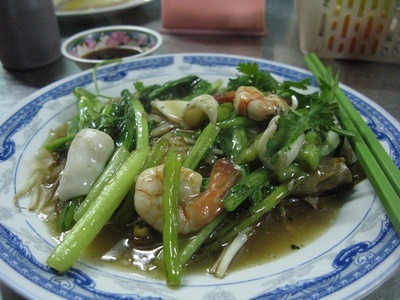 seafood stir-fry on rice noodles; part of Vietnamese food culture