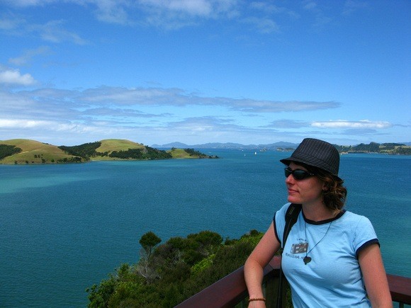 Nora Dunn, The Professional Hobo, overlooking the ocean in New Zealand