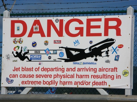 Danger sign at airport in St. Martin