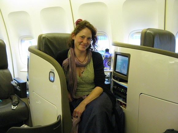 Nora Dunn enjoying a business class flight 