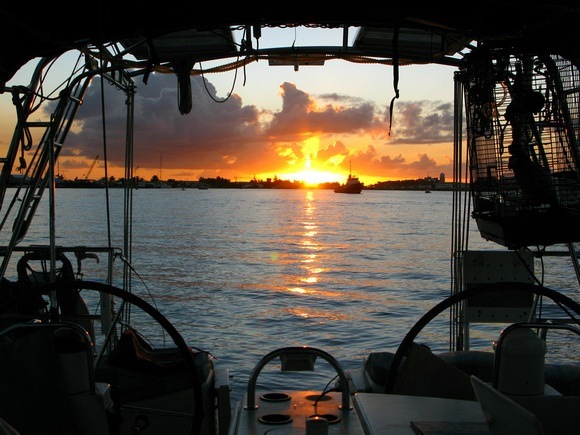 sunset from the cockpit of a sailboat