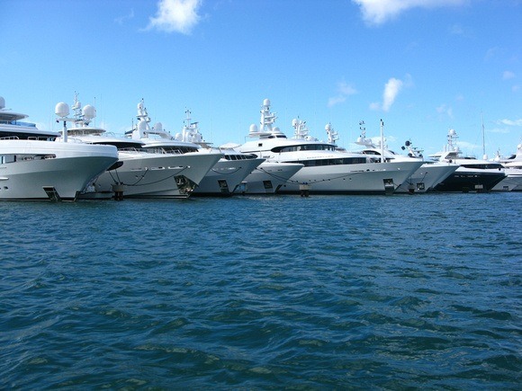 Mega-yachts, lined up in St Martin