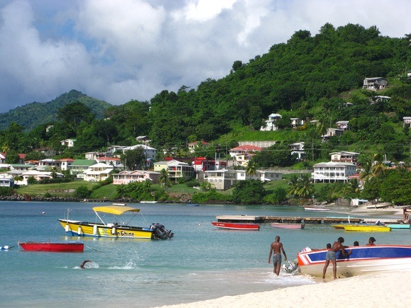 Grand Anse Beach, with fishing boats in the water