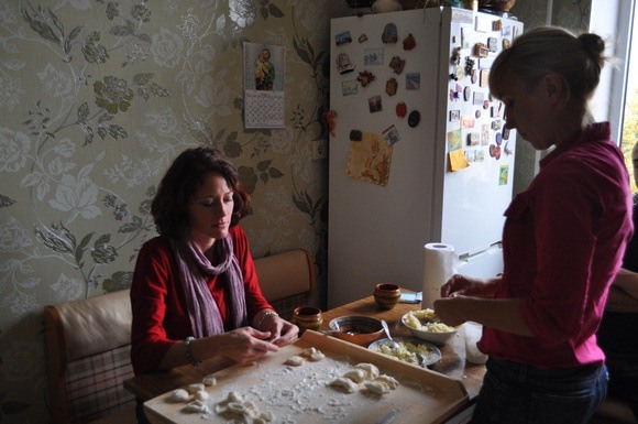 Nora Dunn, The Professional Hobo, making perogies in Kiev