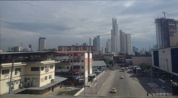 Panama city with low income low rises in foreground and skyscrapers in background 