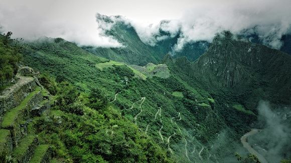 the hike up to the Sun Gate from Machu Picchu citadel, off in the distance