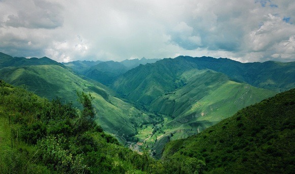 green mountains as seen from way above the Sacred Valley