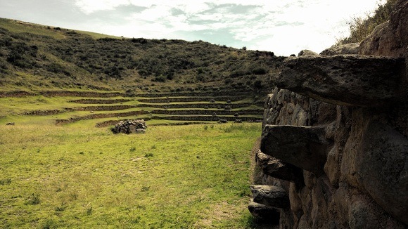 A different perspective of the Inca terraces at Moray; each step is at least six feet