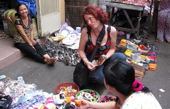 negotiating at a street market in Vietnam