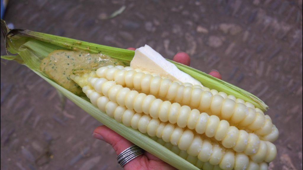 Choclo con queso, a traditional street food in Peru