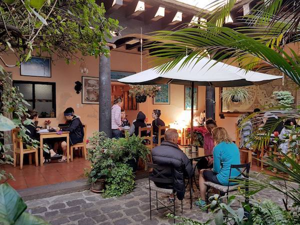 Fernandos Kaffee in Antigua Guatemala has attractive seating, great coffee, and cheap typical Guatemalan breakfasts