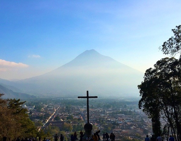 The view from Cerro de la Cruz, overlooking Antigua Guatemala and a big volcano 