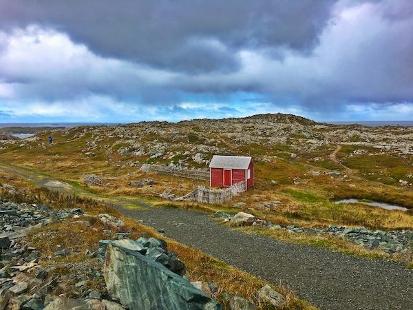 Red wooden shed with white trim on a rocky landscape in Newfoundland