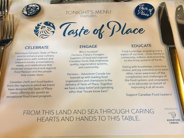 Taste of Place menu with Adventure Canada Expedition Cruising