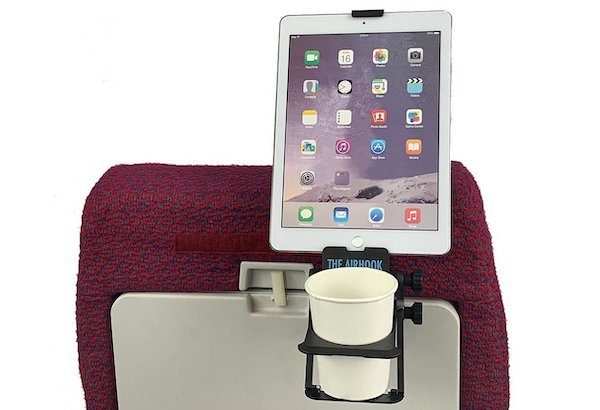 The Air Hook flight support device - Best Tool For Tablets and Drinks While Maximizing Airline Seat Space