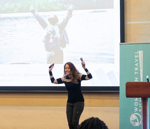 Nora Dunn, The Professional Hobo, speaking at Women in Travel Summit, Latvia