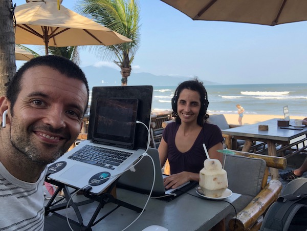 J and Sara of Thriving Nomads and No Footprint Nomads working remotely 