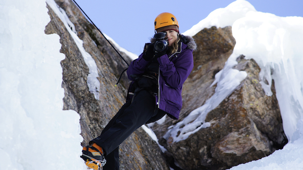 Rachel Rudwall shooting a tv show for PBS while ice climbing
