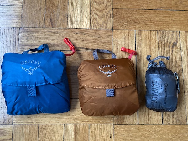 3 packable daypacks packed into their own pouch
