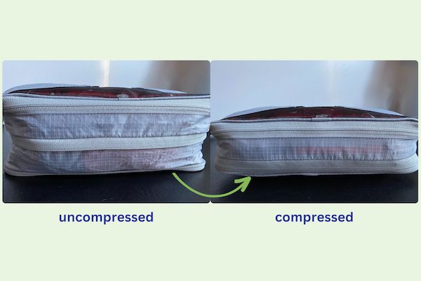 A compressible packing cube, shown side by side uncompressed and then compressed