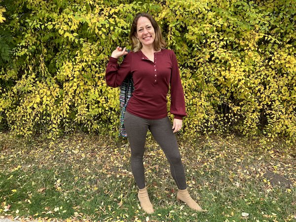 Nora Dunn wearing WoolX merino puff sleeve top and pocket leggings